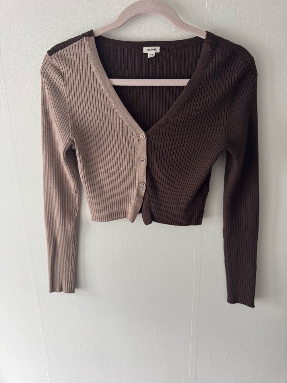 Garage Two-Tone Ribbed V-Neck Button Cardigan - Taupe & Chocolate